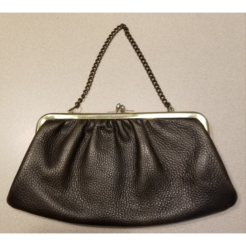 Vintage pebbled faux leather evening bag clutch with kiss lock and chain